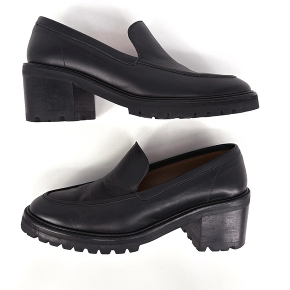 FLATTERED | Saga Black Leather Chunk Lug Sole Heeled Loafers | Sz 10 - Picture 12 of 16